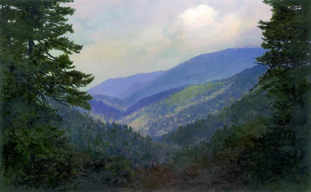 A Smokies landscape oil painting of a mountain vista framed by evergreens.