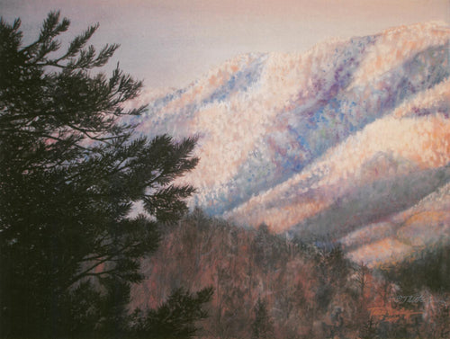 A Smokies watercolor landscape of the snowline one winter day.