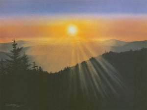 A Smoky Mountain landscape watercolor of a glorious sunset.
