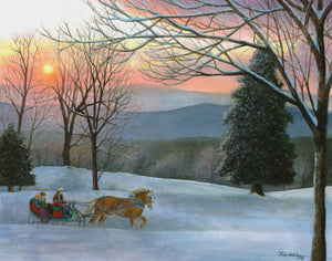 A winter landscape watercolor of sleigh rides in the Smokies. 