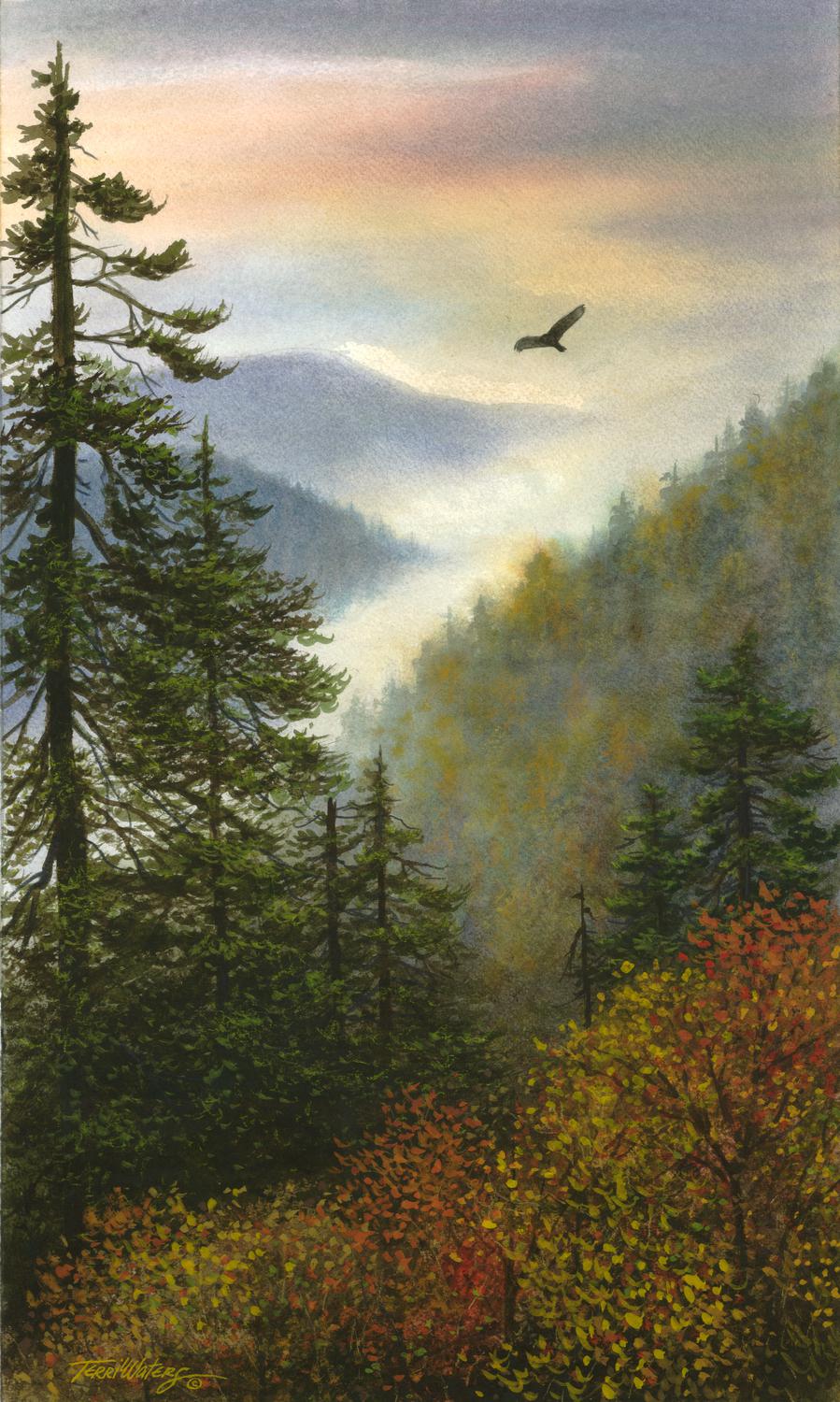 A Smokies landscape watercolor of fall’s beginning in the mountains.