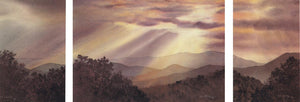 A triptych landscape set, in watercolor, of a Smoky Mountain morning. 