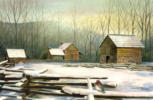 A winter landscape, in watercolor, of the Oconaluftee Indian village in Cherokee, North Carolina. 