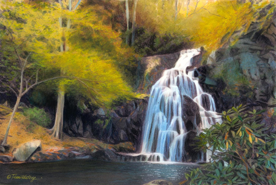 A Smokies spring watercolor of Spruce Flat Falls.
