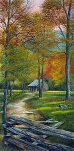 A Smokies fall landscape of the Carter Shields Cabin. 