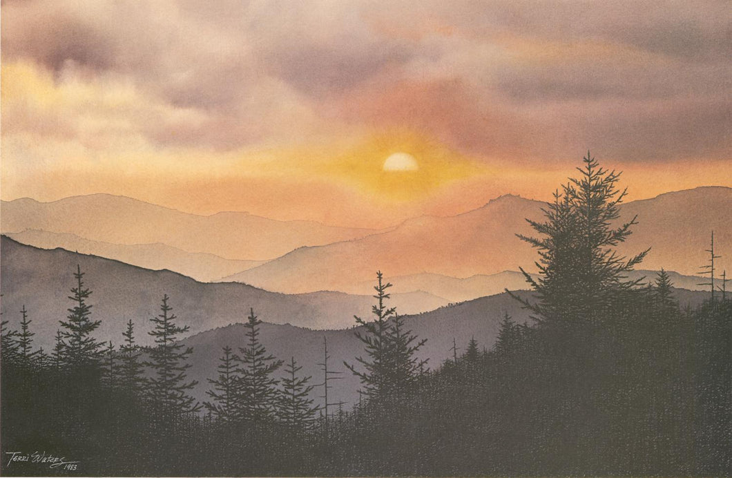 A Smokies watercolor landscape of the view from Clingmans Dome.