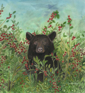 A Smokies summer wildlife painting of a black bear, portrayed in watercolor. 