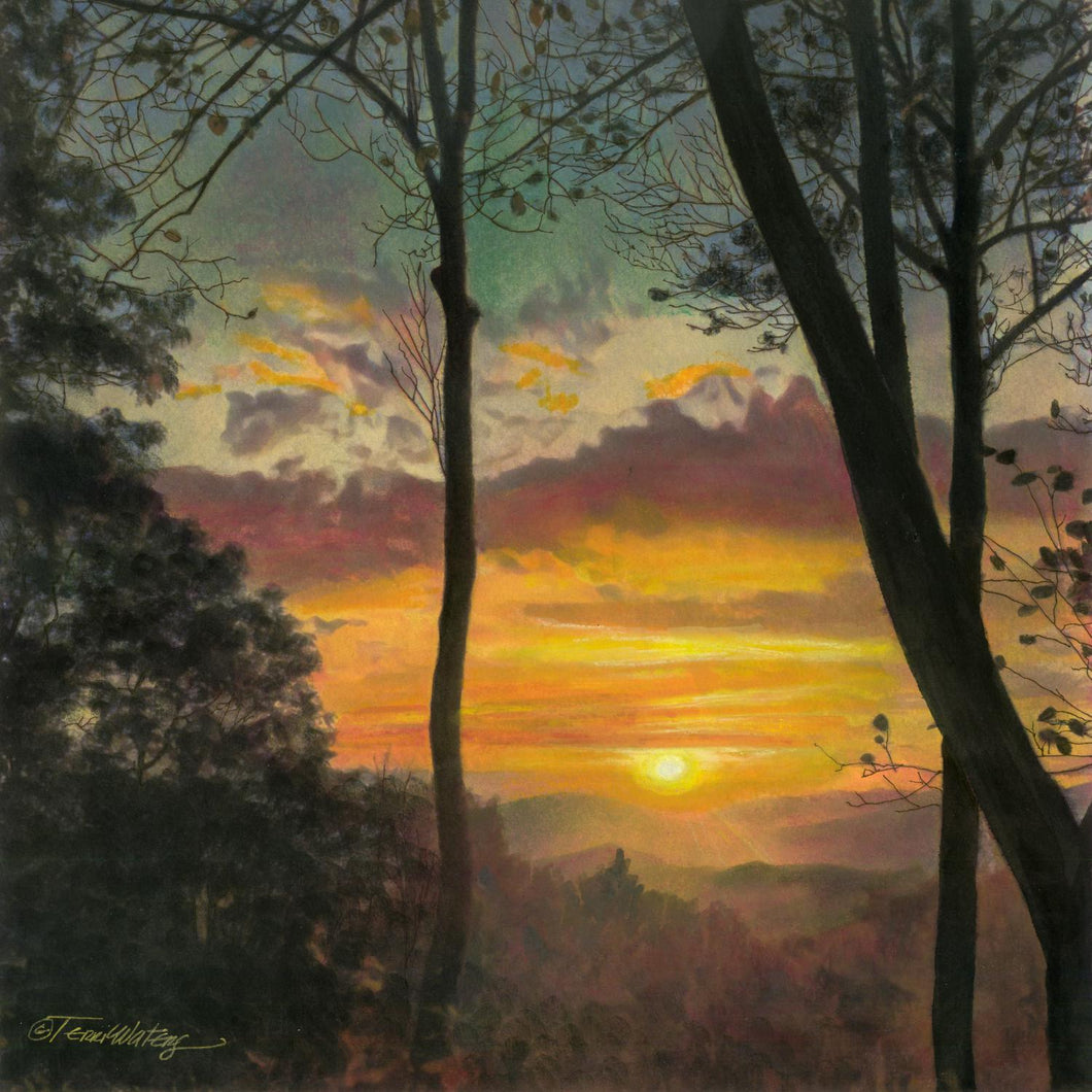 A Smokies landscape watercolor of the night sky and setting sun.