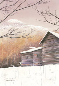 A Smokies winter watercolor landscape of the Walker Sisters’ Cabin in Little Greenbrier. 