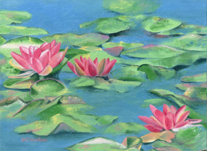 A floral oil painting of water lilies.