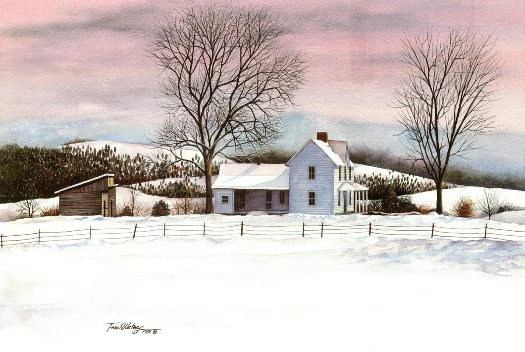 Winter homecoming. A winter landscape watercolor painting of a homestead in the foothills of the Smokies.