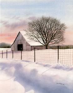 A Smokies snowy landscape of an old barn beside a fence row. Watercolor.