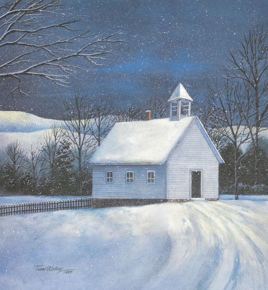 A church in snow depicted in watercolor against a deep blue, snowy night sky. 