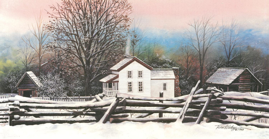 A Cades Cove winter landscape of the homestead of Becky Cable in the Smoky Mountains.