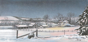 A winter landscape watercolor painting of a homestead in the foothills of the Smokies.