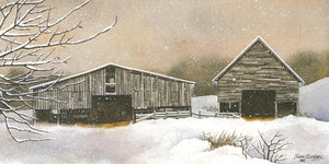A watercolor of old barns against a winter landscape.