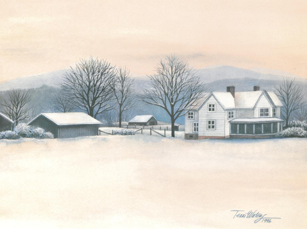 A winter landscape watercolor of a homestead in the foothills of the Smokies. 